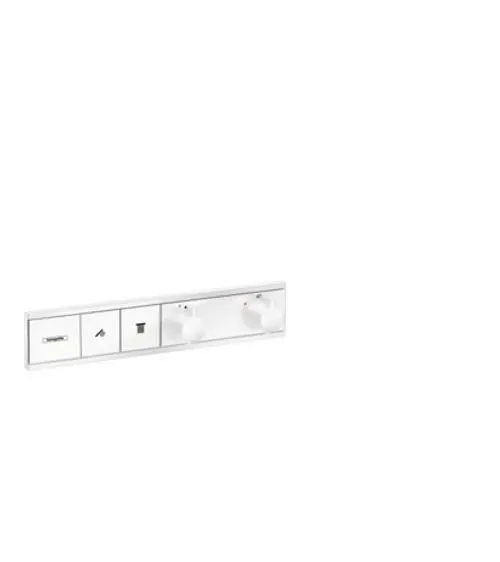 Hansgrohe Thermostat mit zwei runden Drehreglern und drei Steuerungselementen für Wasserzufuhr, in mattweißer Oberfläche, eingebaut in einer Wandmontage.